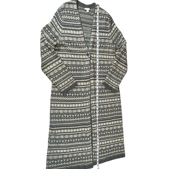 J.JILL Long Fair Isle Bounce Cardigan Singe Button Charcoal Heather Oatmeal Med - Picture 10 of 13